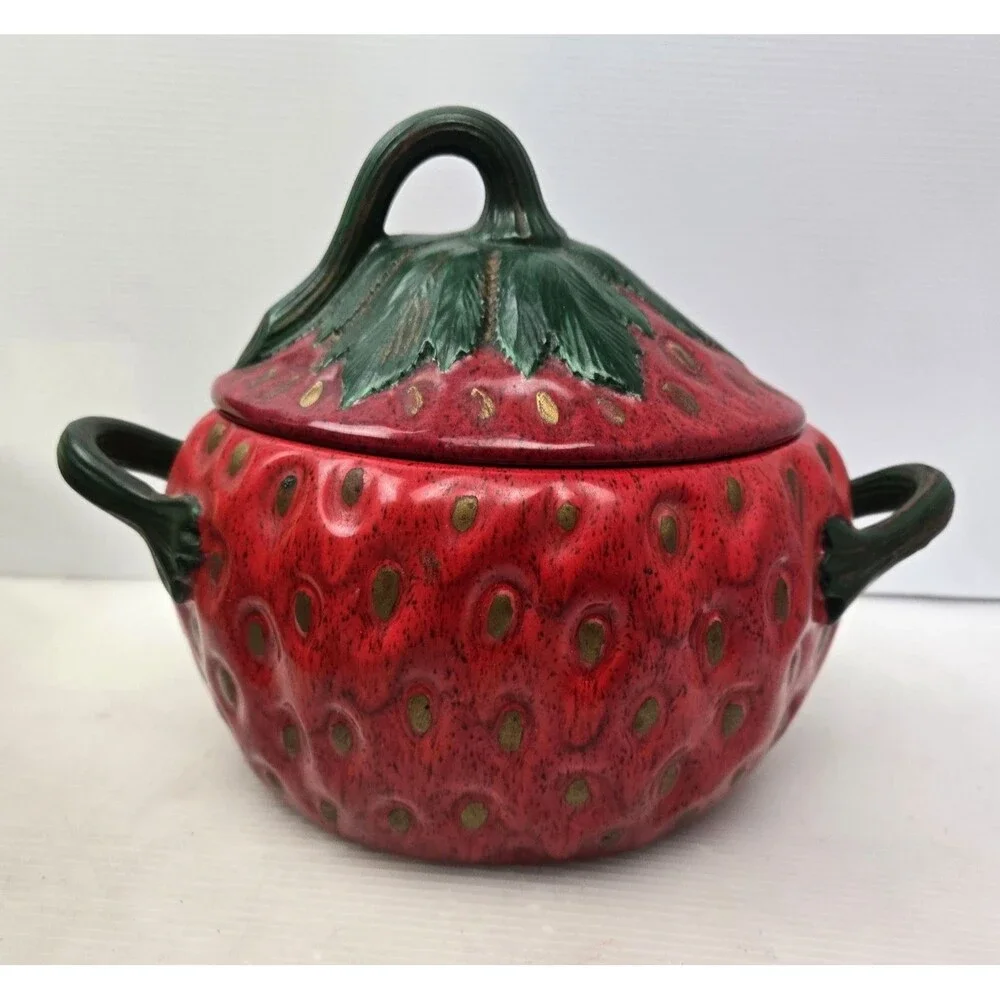 Vintage 1970s Ceramic Strawberry  Serving Bowl Cookie Jar w/ Lid 11
